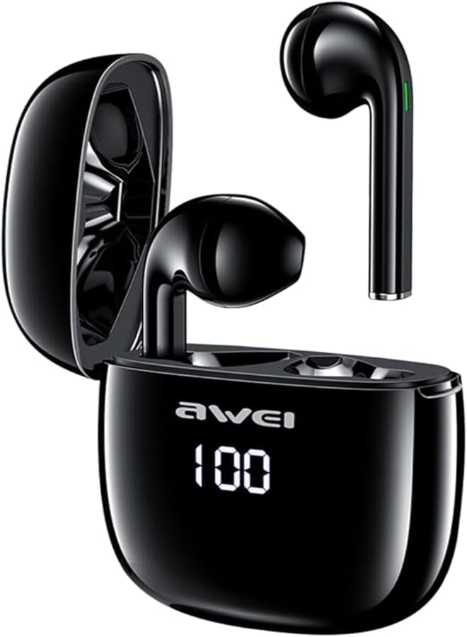 AWEI T28P Wireless Bluetooth Earphones and Charing Case with LED Display - Black Headphones Headset